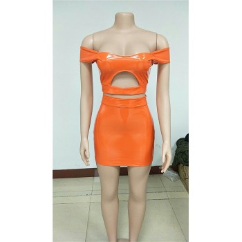 PU Leather Sexy Two Piece Set Women Off Shoulder 2 Piece Crop Top and Bodycon Skirt Set Party Summer Matching Sets Club Outfits Orange Yellow